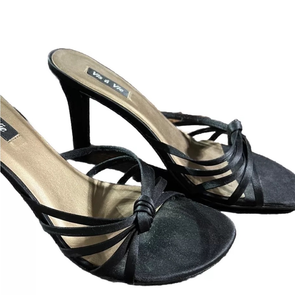Vis A Vie Tapa Satin Black Women’s Strapy Sandal Open Toe 3” Heel Sz 8 With Box